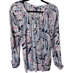 Chaps Women's Medium Flowy Blue Paisley Smocked Blouse Puff Sleeve